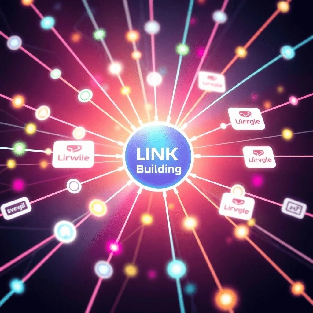 Red de sitios web interconectados simbólicamente mediante enlaces, con el sitio cliente como nodo central recibiendo autoridad. Colores dinámicos que transmiten crecimiento..